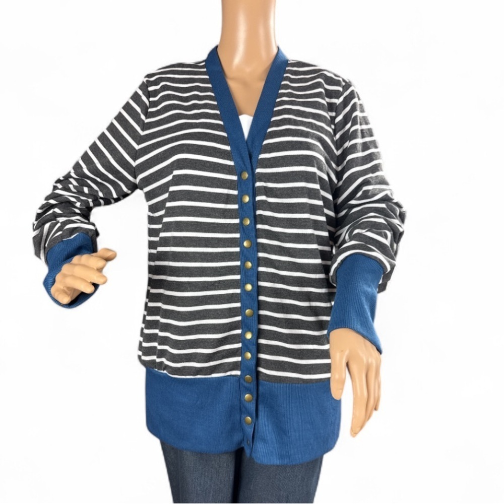 Striped Black, white and Blue Women's cardigan snap new size XL Hipster Row